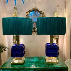 Pair of Murano Lamps with Blue Glass Faceted Diamond and our Handmade Lampshades