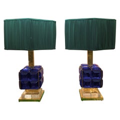 Pair of Murano Lamps with Blue Glass Faceted Diamond and our Handmade Lampshades