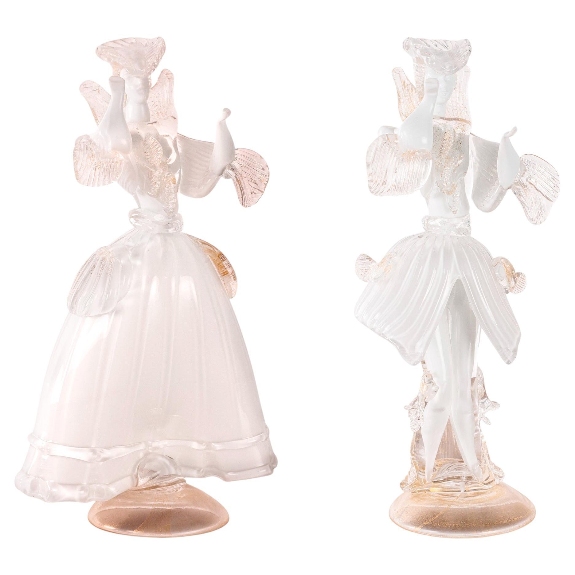 Coppia di statuette veneziane in oro di Murano stile XVIII secolo, realizzate in Italia