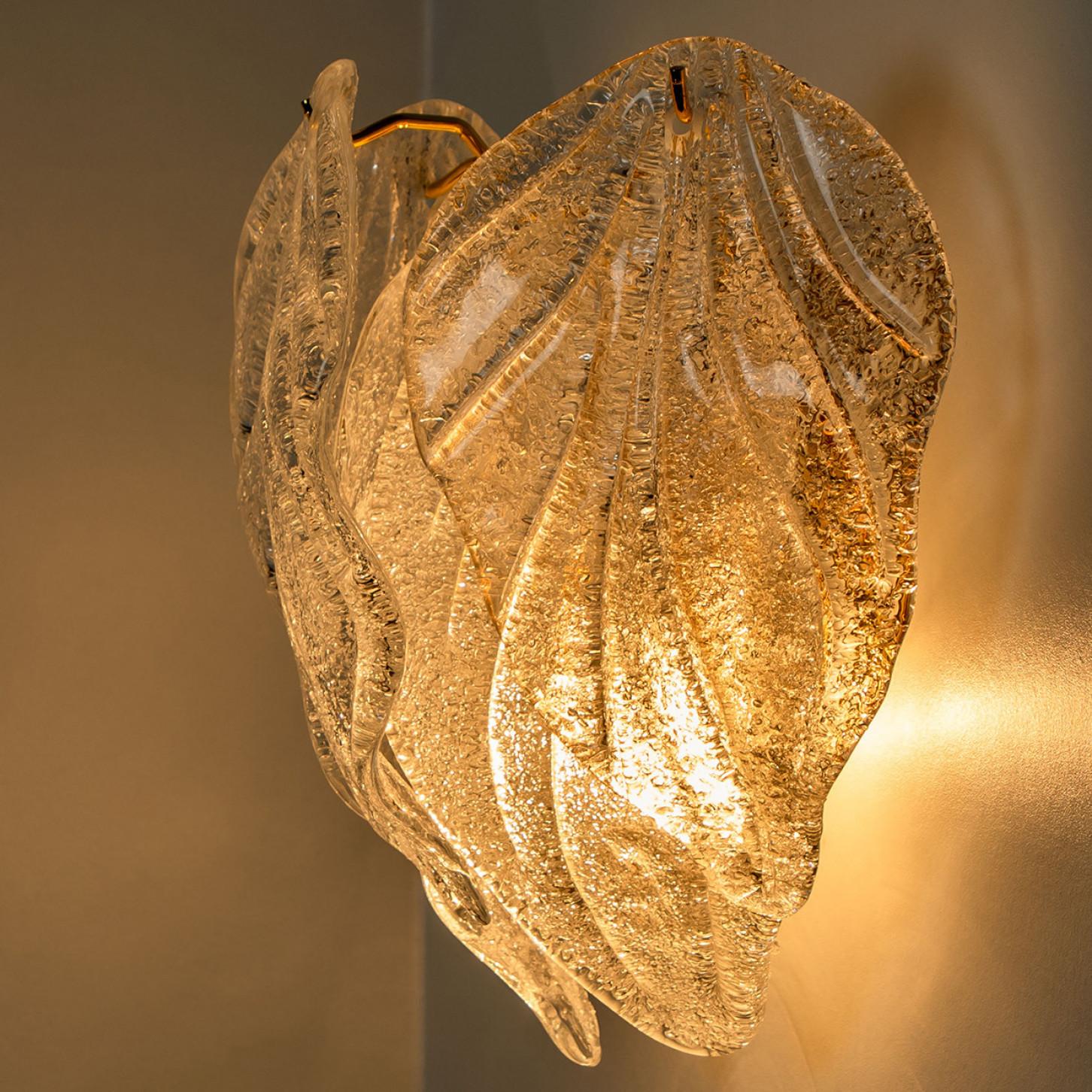 Late 20th Century Pair Of Murano Leaf Brass Glass Wall Lights, Italy, 1970 For Sale
