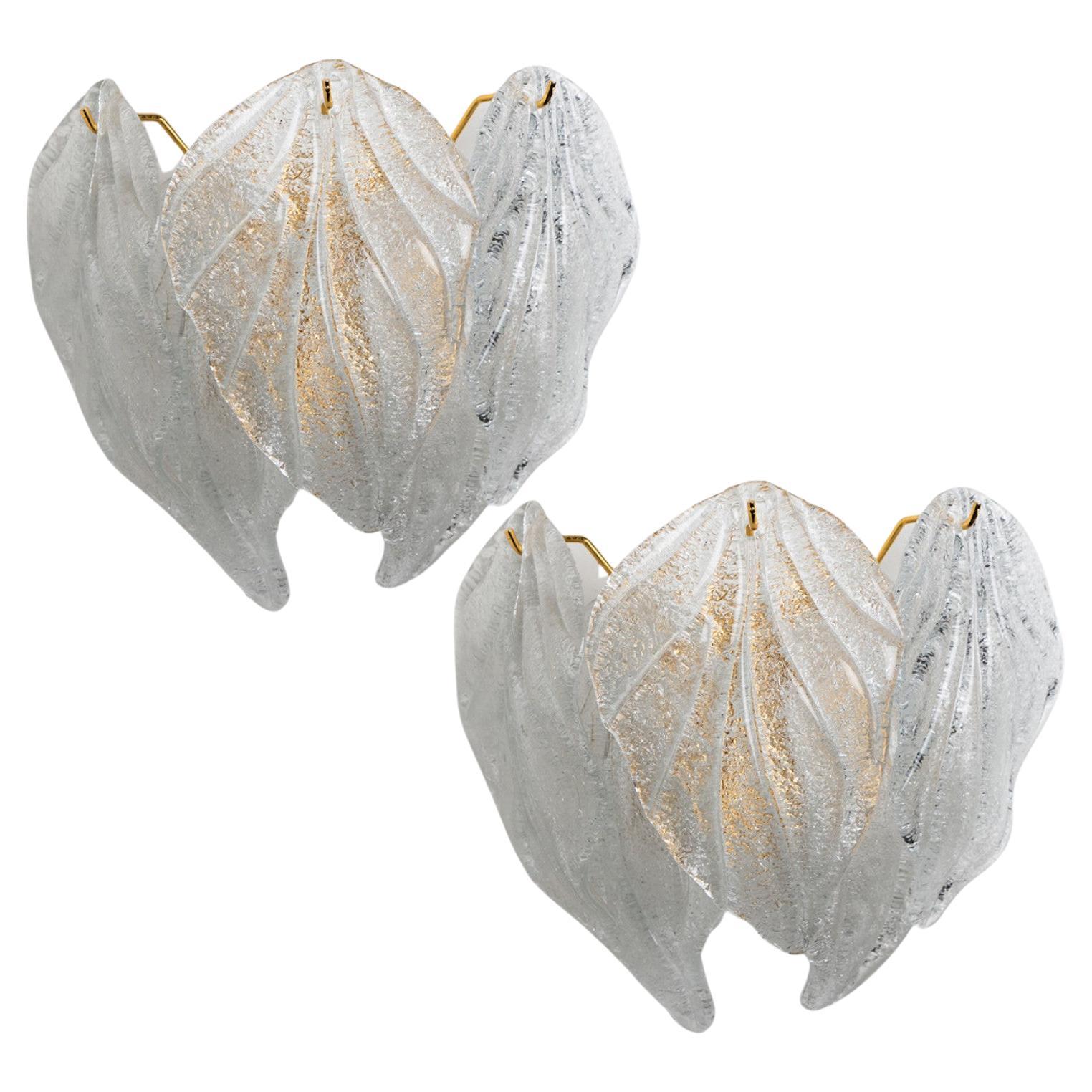Pair of Murano Leaf Brass Glass Wall Lights, Italy, 1970 For Sale