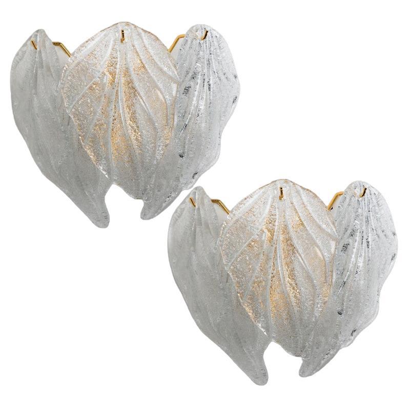Pair Of Murano Leaf Brass Glass Wall Lights, Italy, 1970 For Sale