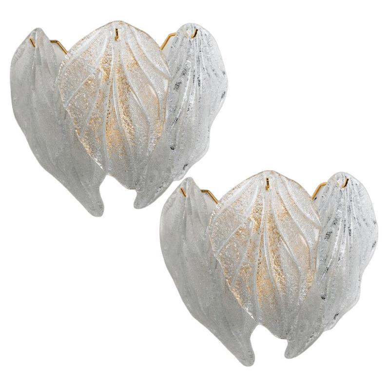 Pair Of Murano Leaf Brass Glass Wall Lights, Italy, 1970