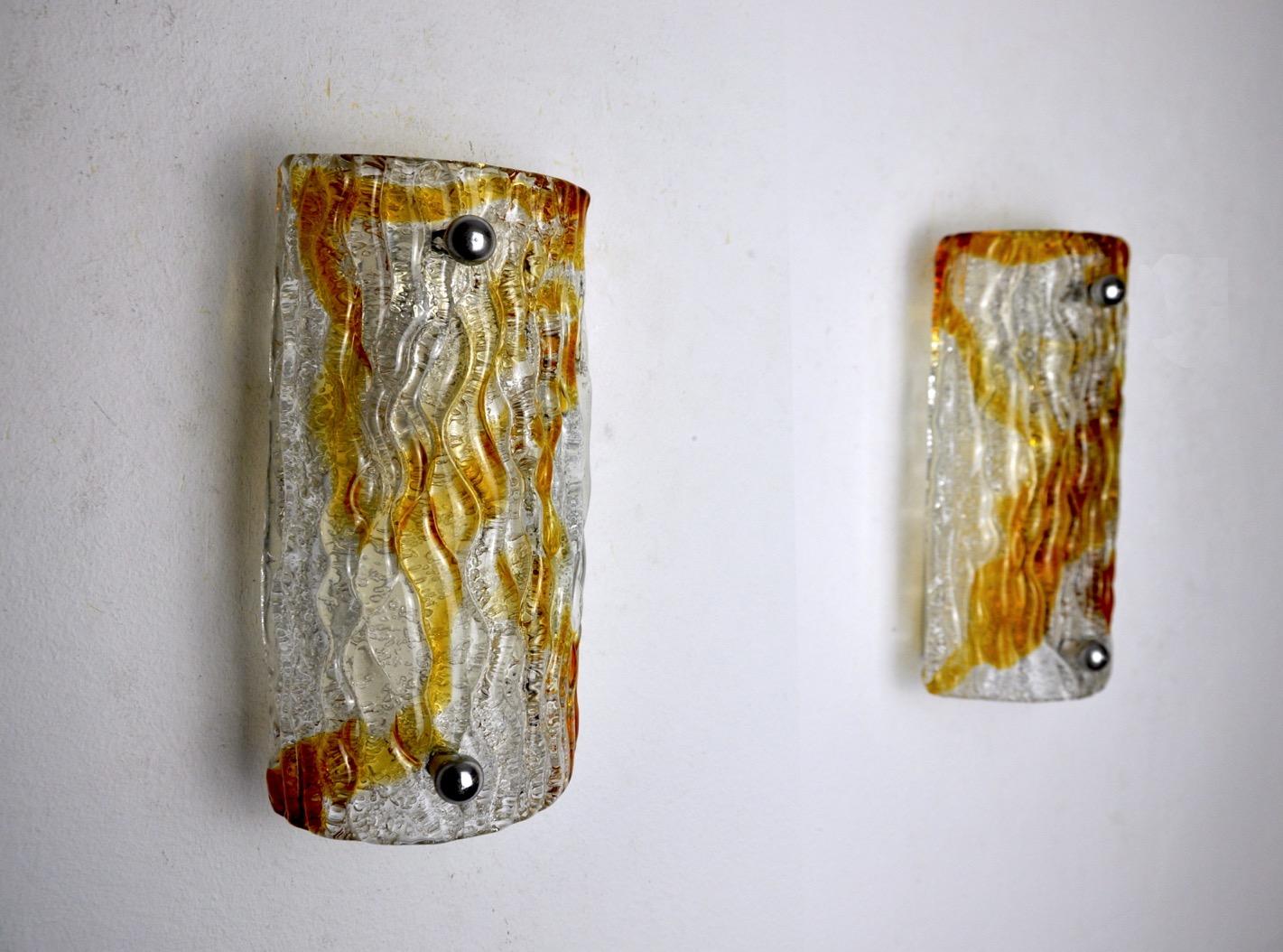 Italian Pair of Murano Mazzega Sconces, Orange Frosted Glass, Italy, 1960 For Sale