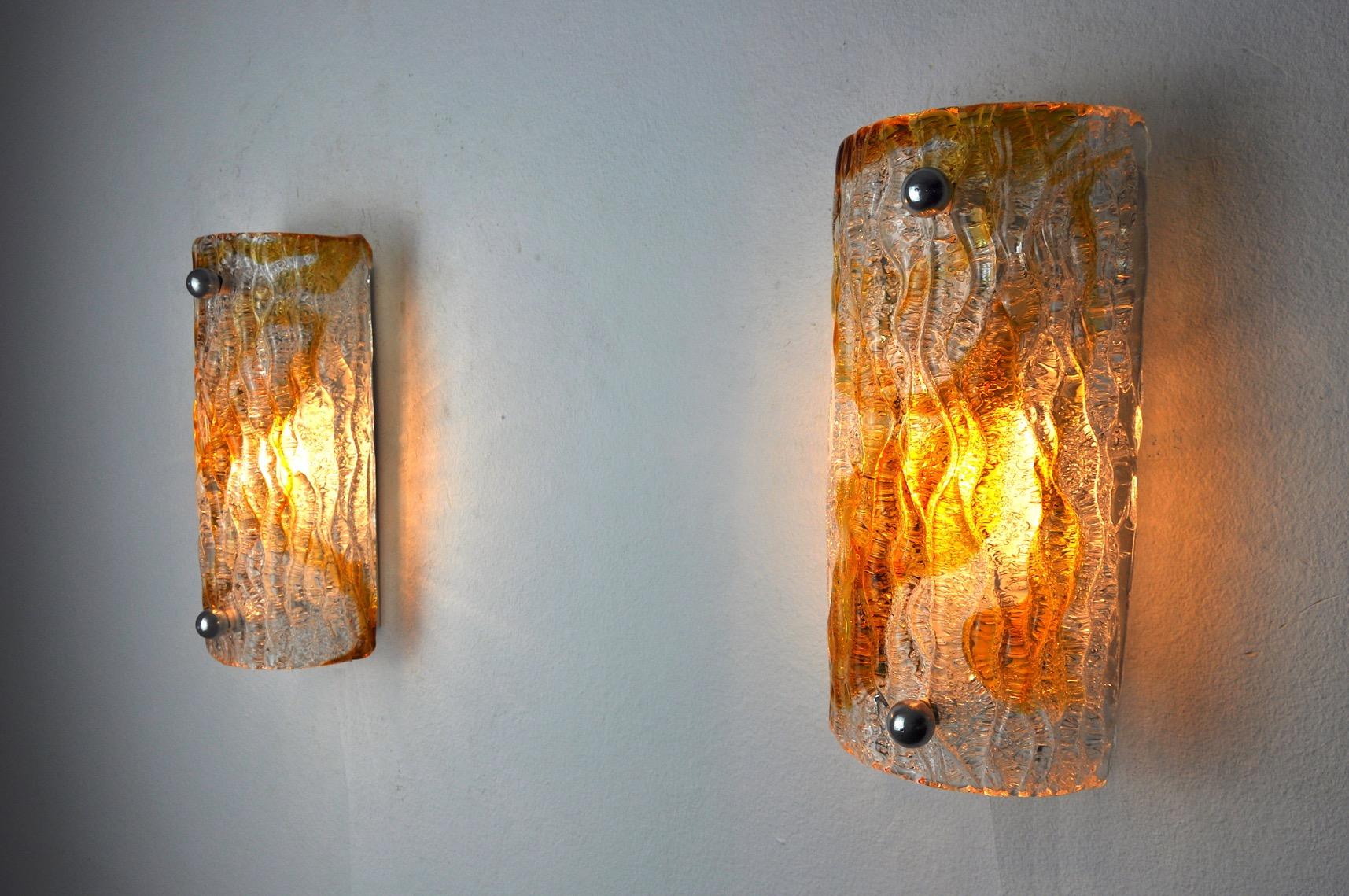 Mid-20th Century Pair of Murano Mazzega Sconces, Orange Frosted Glass, Italy, 1960 For Sale