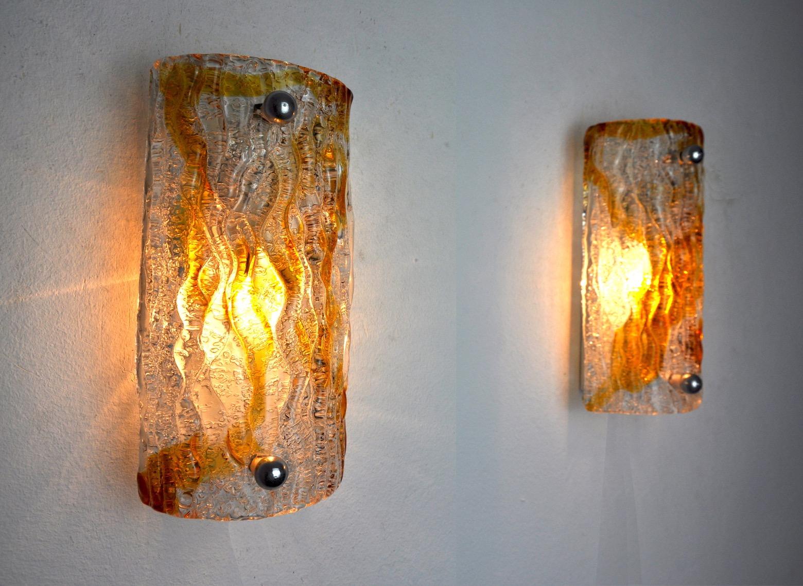 Murano Glass Pair of Murano Mazzega Sconces, Orange Frosted Glass, Italy, 1960 For Sale