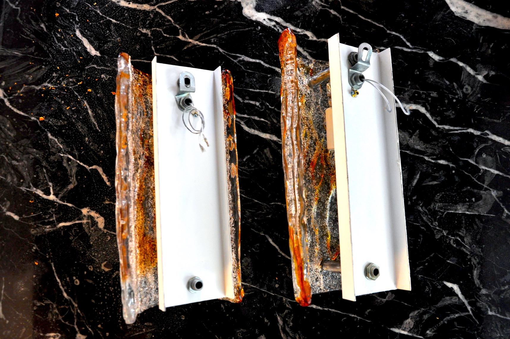 Pair of Murano Mazzega Sconces, Orange Frosted Glass, Italy, 1960 For Sale 1