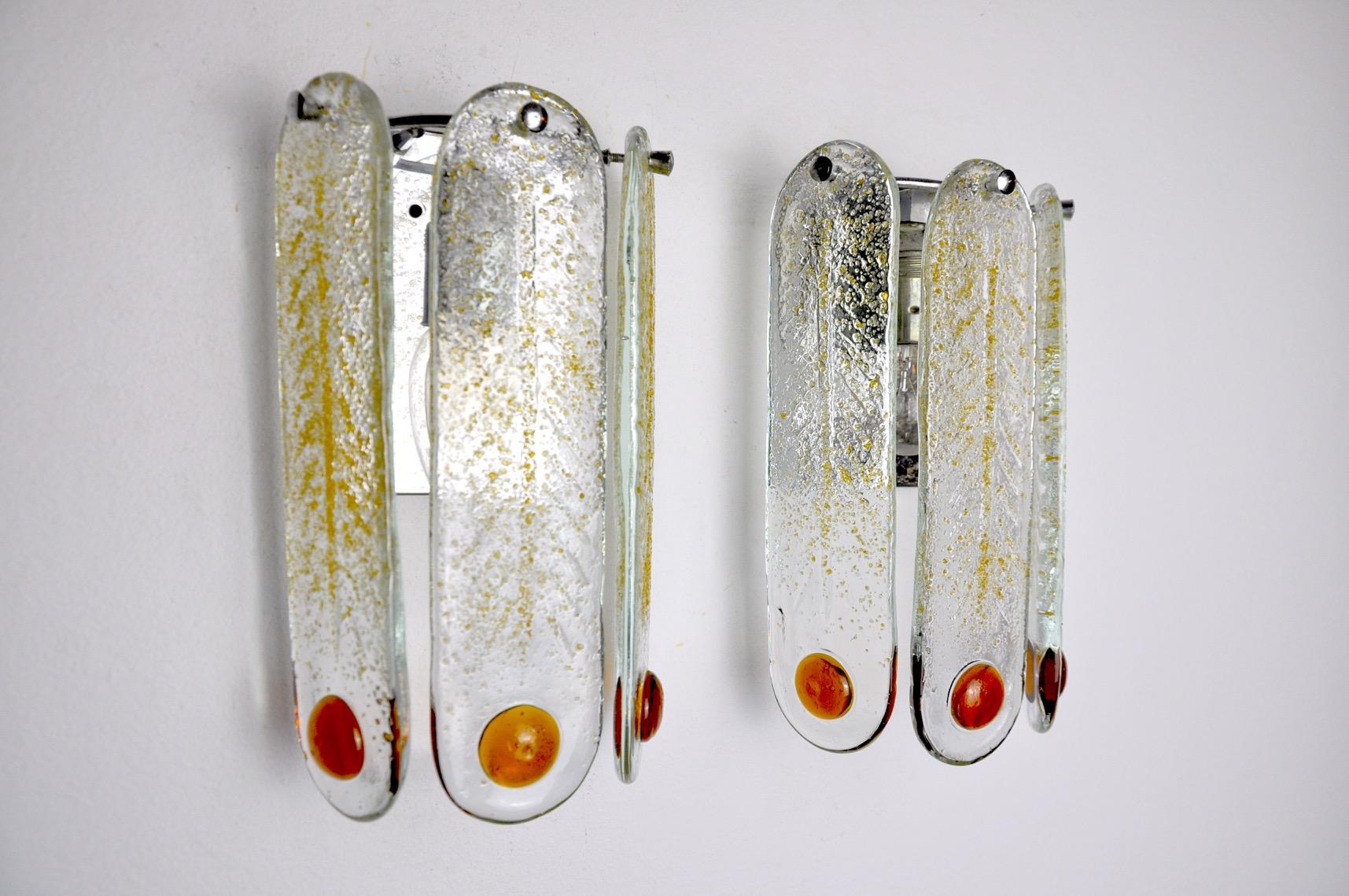 Hollywood Regency Pair of Murano Mazzega Sconces, Orange Frosted Glass, Italy, 1960