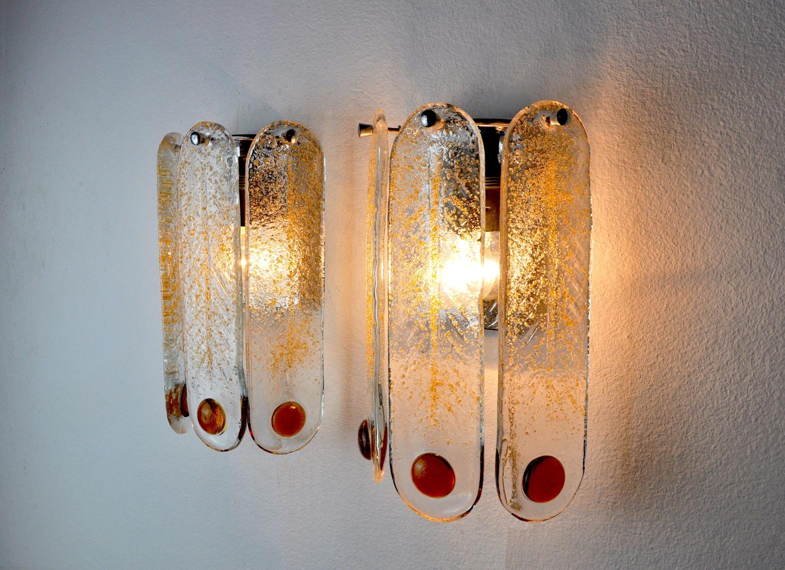 Mid-20th Century Pair of Murano Mazzega Sconces, Orange Frosted Glass, Italy, 1960