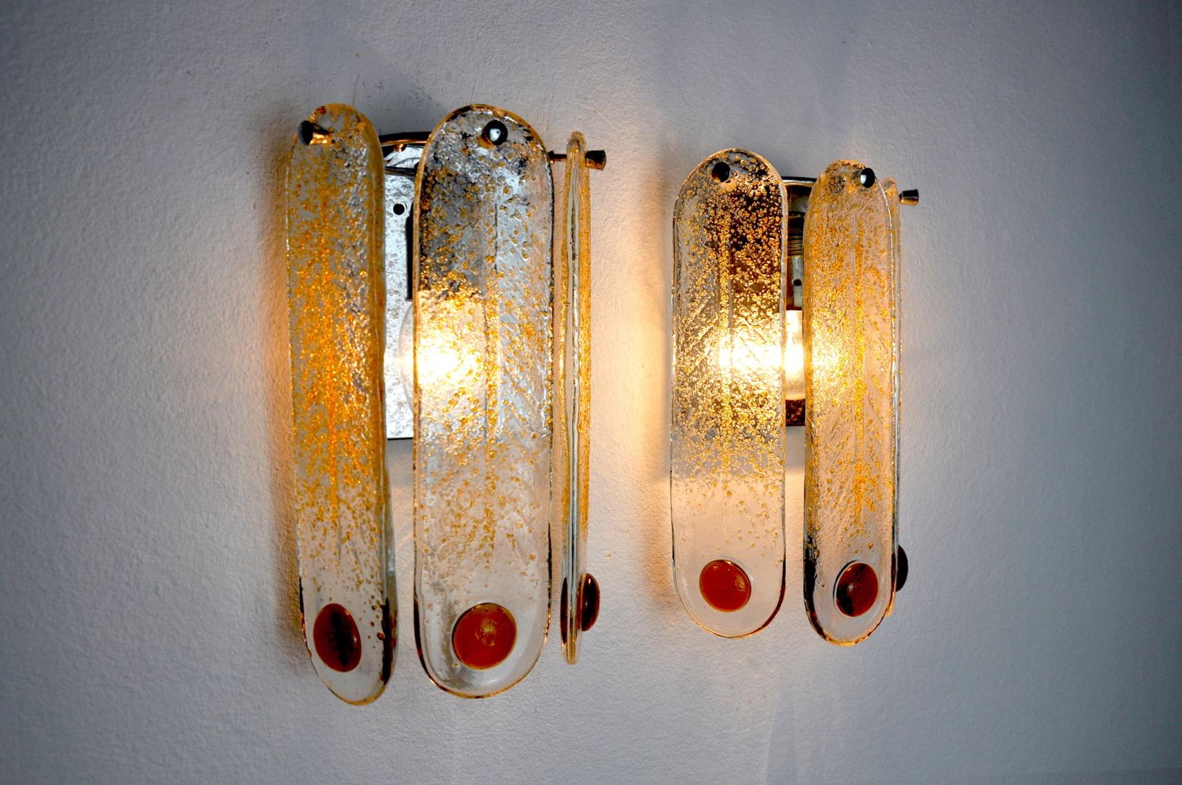 Murano Glass Pair of Murano Mazzega Sconces, Orange Frosted Glass, Italy, 1960