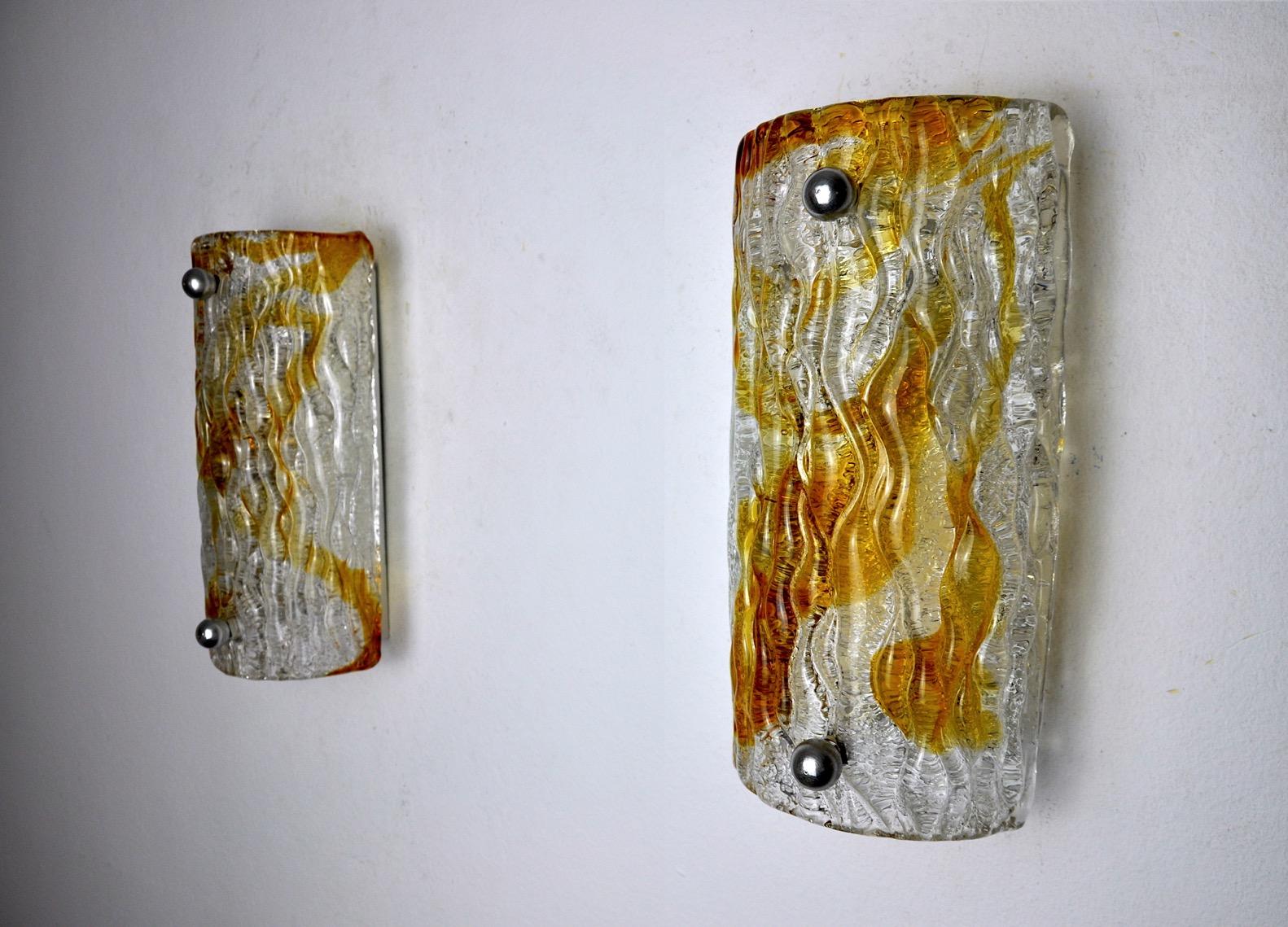 Hollywood Regency Pair of Murano Mazzega Sconces, Orange Frosted Glass, Italy, 1960 For Sale