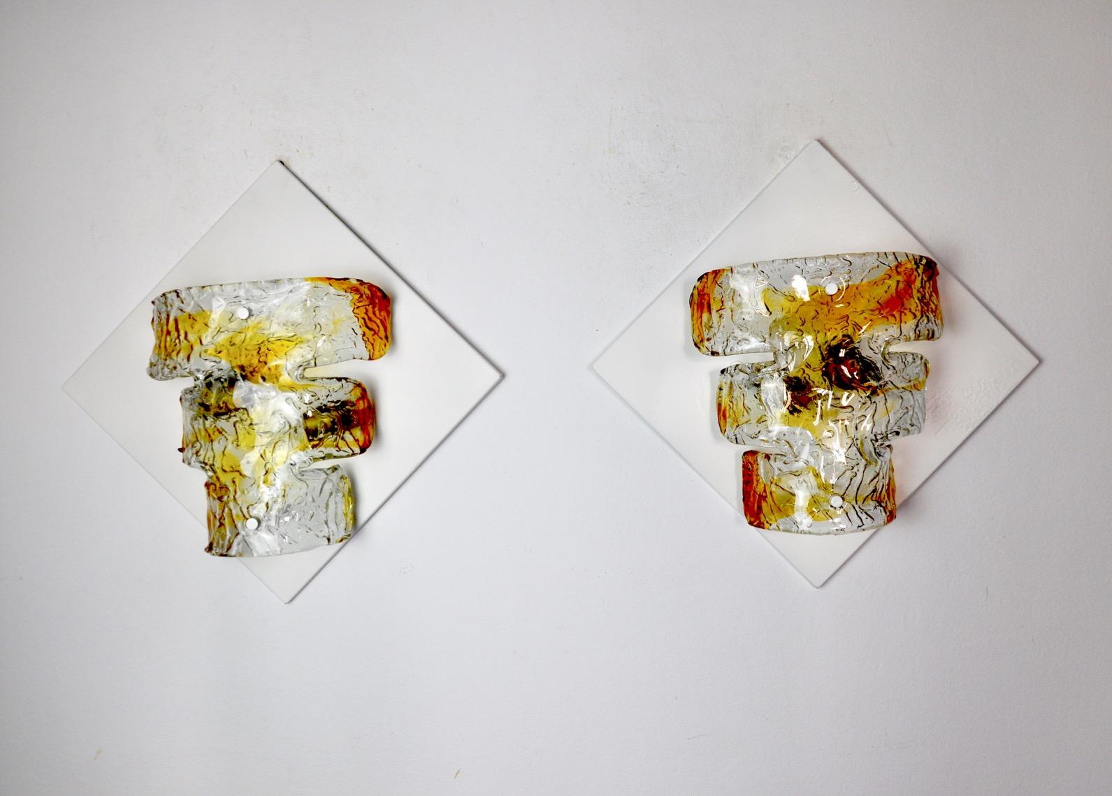 Hollywood Regency Pair of Murano Mazzega Wall Lamps, Orange Murano Blown Glass, Italy, 1960 For Sale