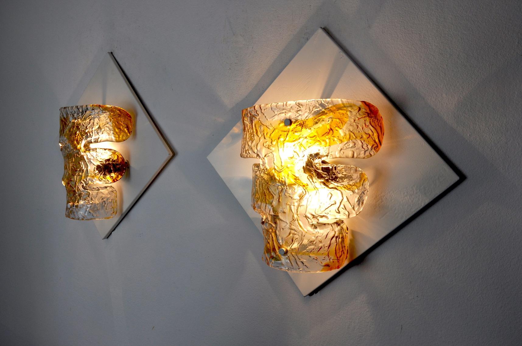Mid-20th Century Pair of Murano Mazzega Wall Lamps, Orange Murano Blown Glass, Italy, 1960 For Sale