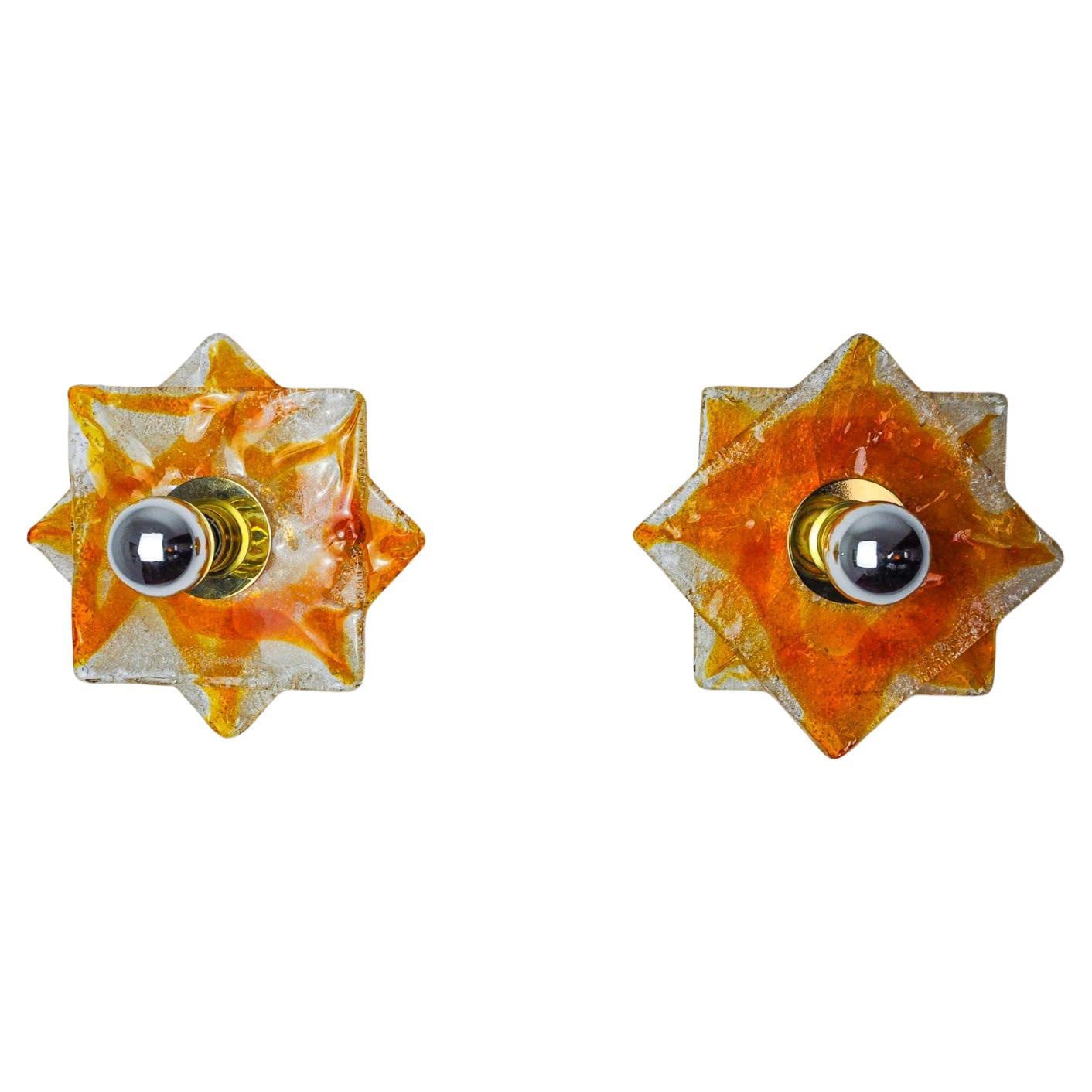 Pair of Murano Mazzega wall lights, orange frosted glass, Italy, 1970