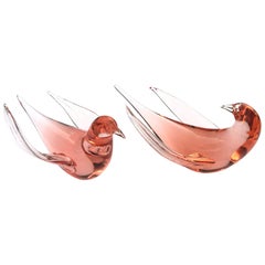 Pair of Murano Mid Century Coral-Colored Art Glass Birds