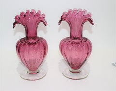 Pair of Murano Midcentury Raspberry Buccilante Ruffle Vases