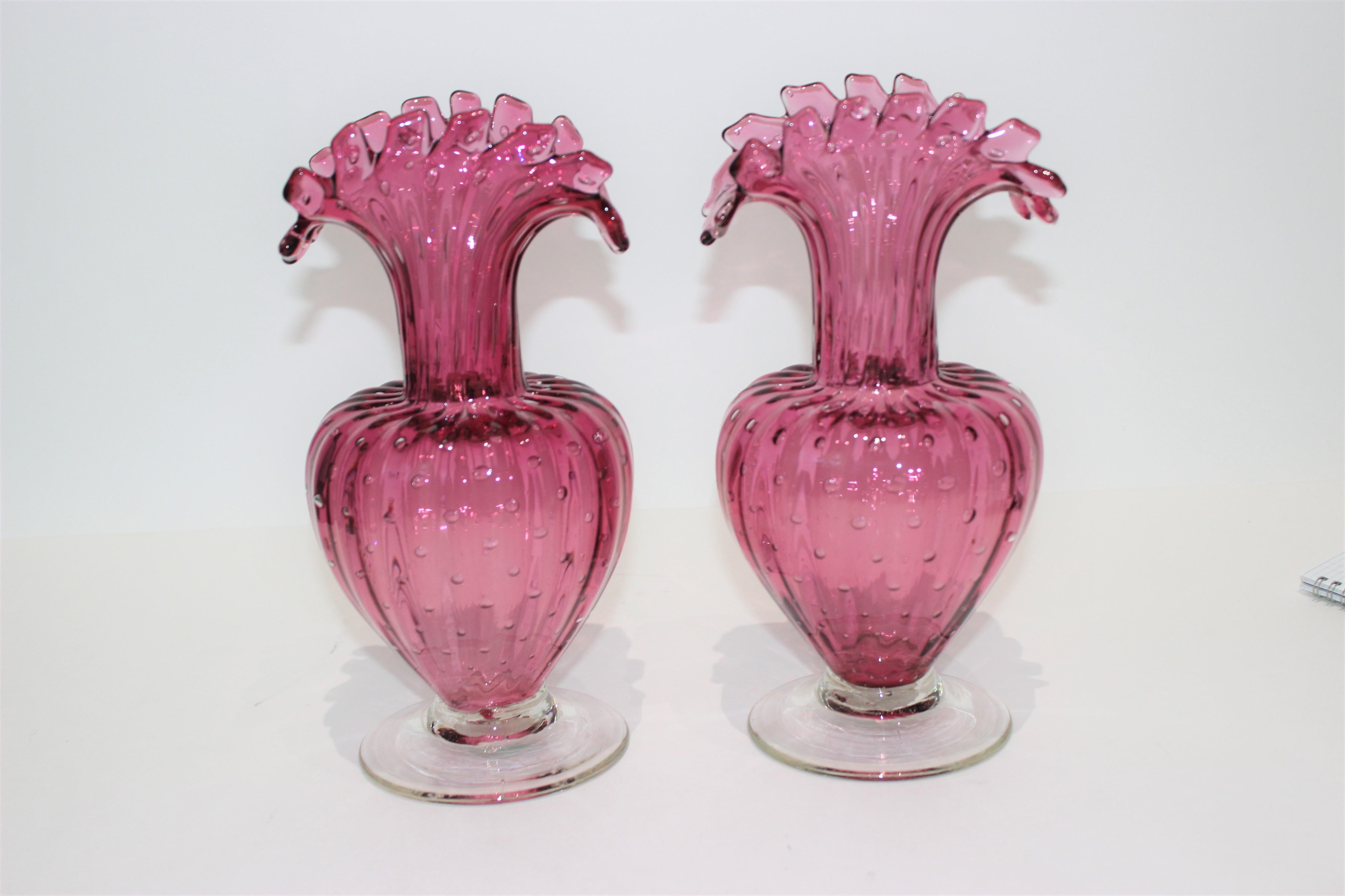 Italian Pair of Murano Midcentury Raspberry Buccilante Ruffle Vases