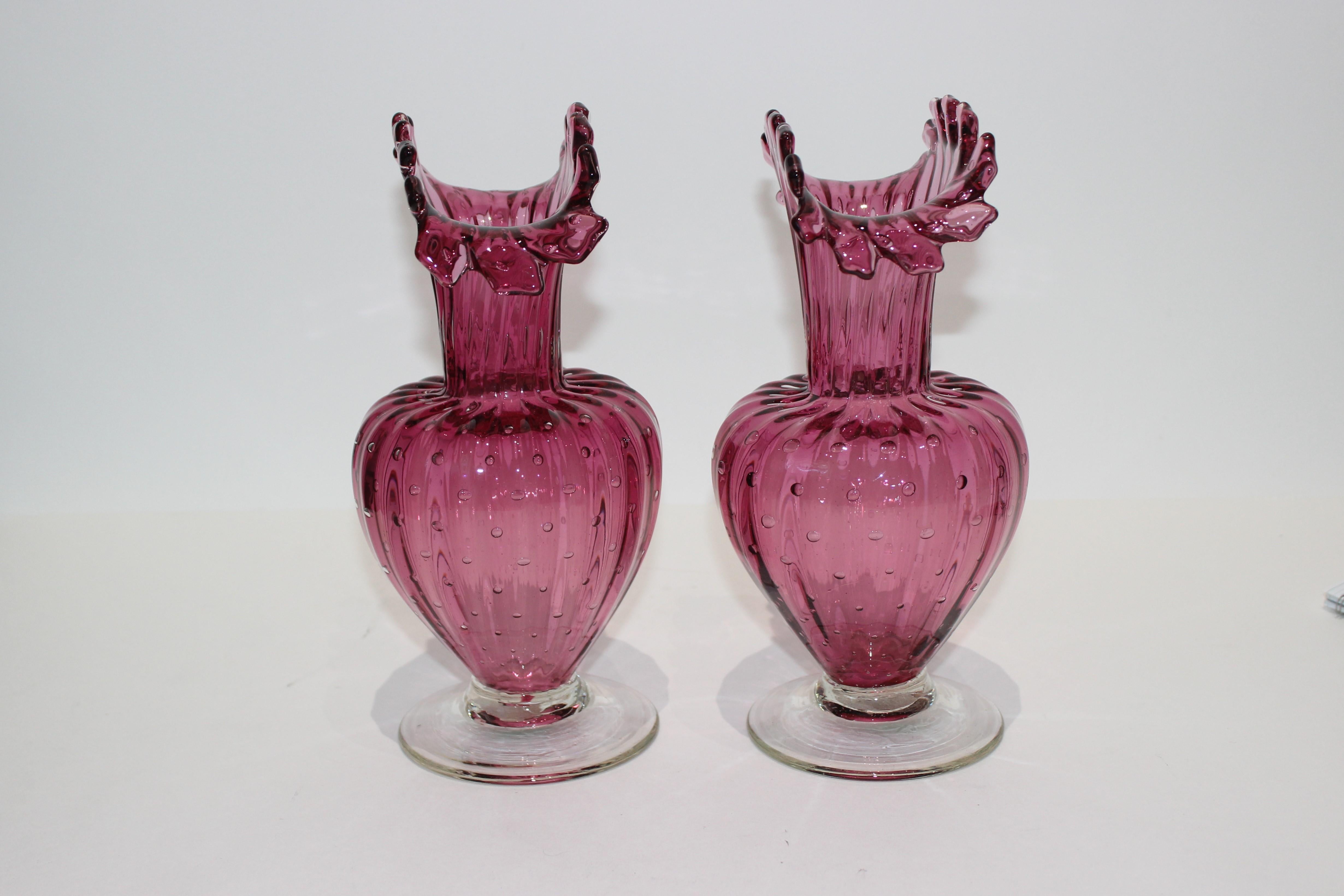 Dyed Pair of Murano Midcentury Raspberry Buccilante Ruffle Vases