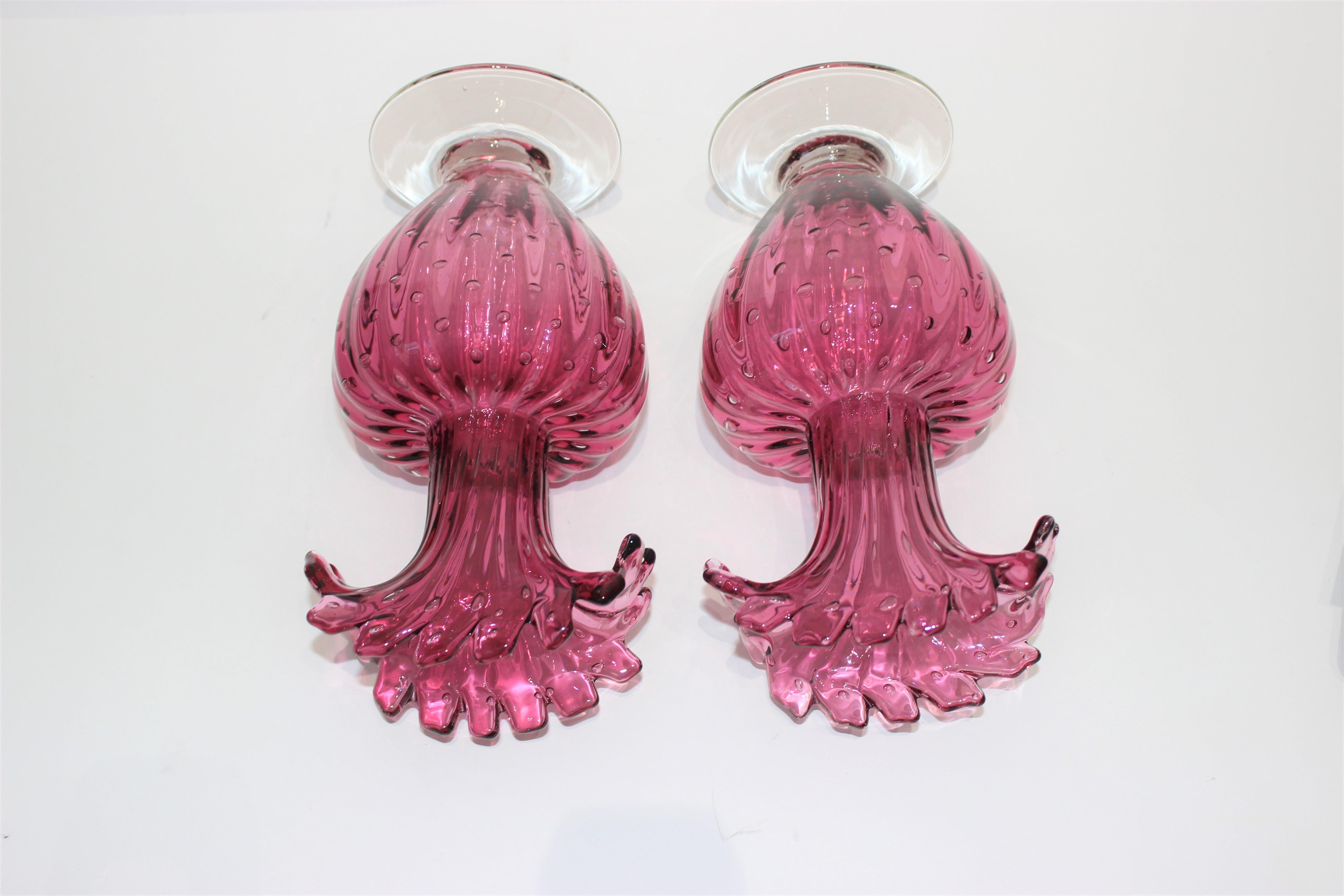 20th Century Pair of Murano Midcentury Raspberry Buccilante Ruffle Vases