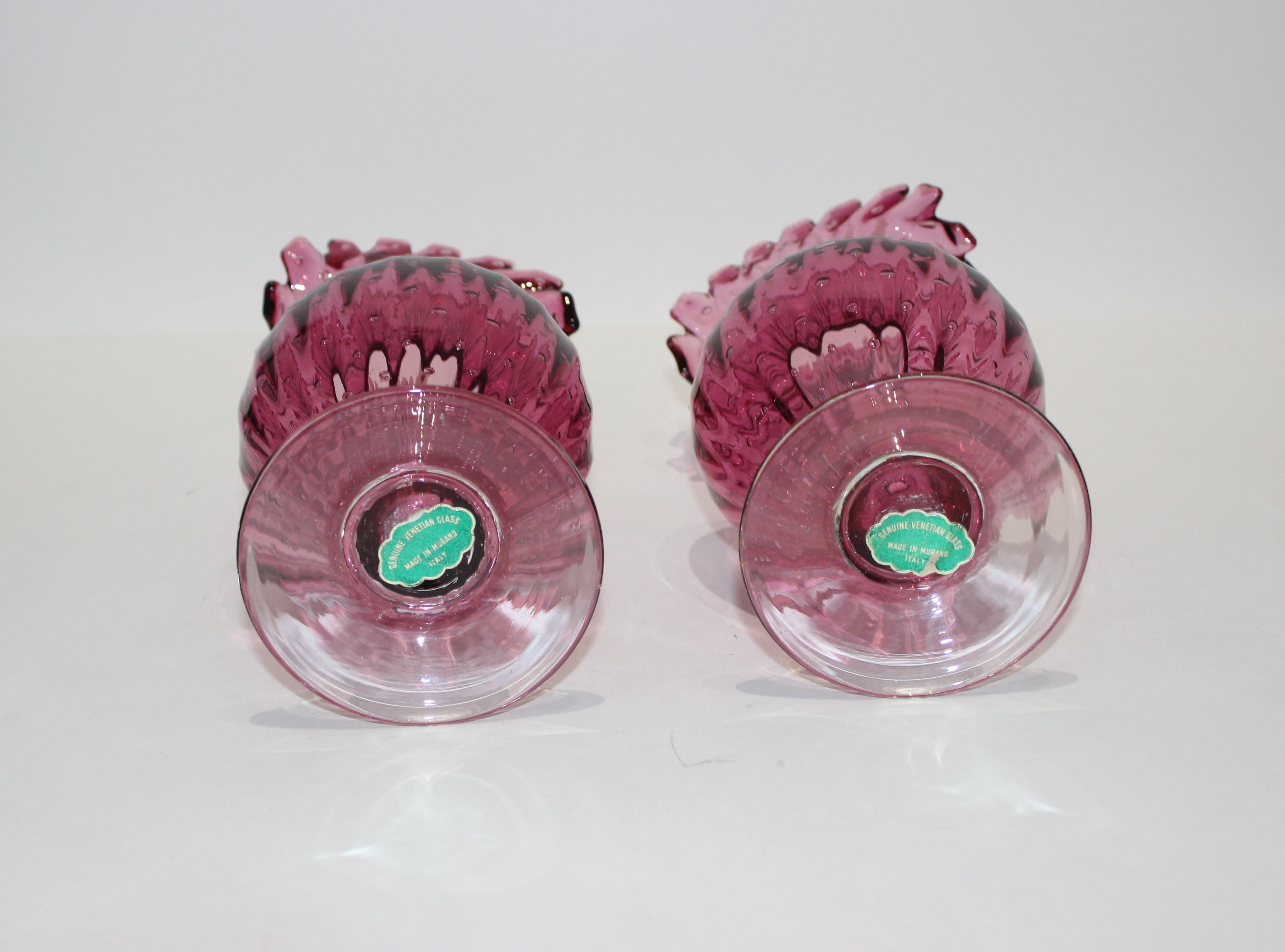 Murano Glass Pair of Murano Midcentury Raspberry Buccilante Ruffle Vases