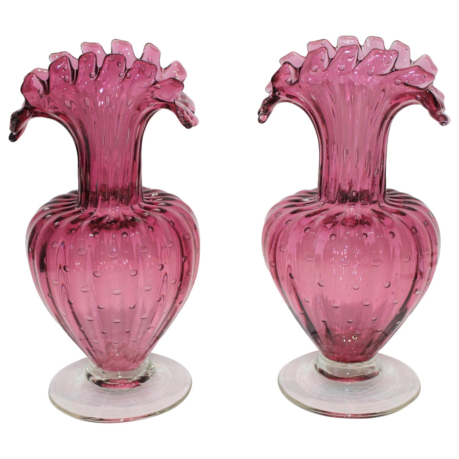 Pair of Murano Midcentury Raspberry Buccilante Ruffle Vases