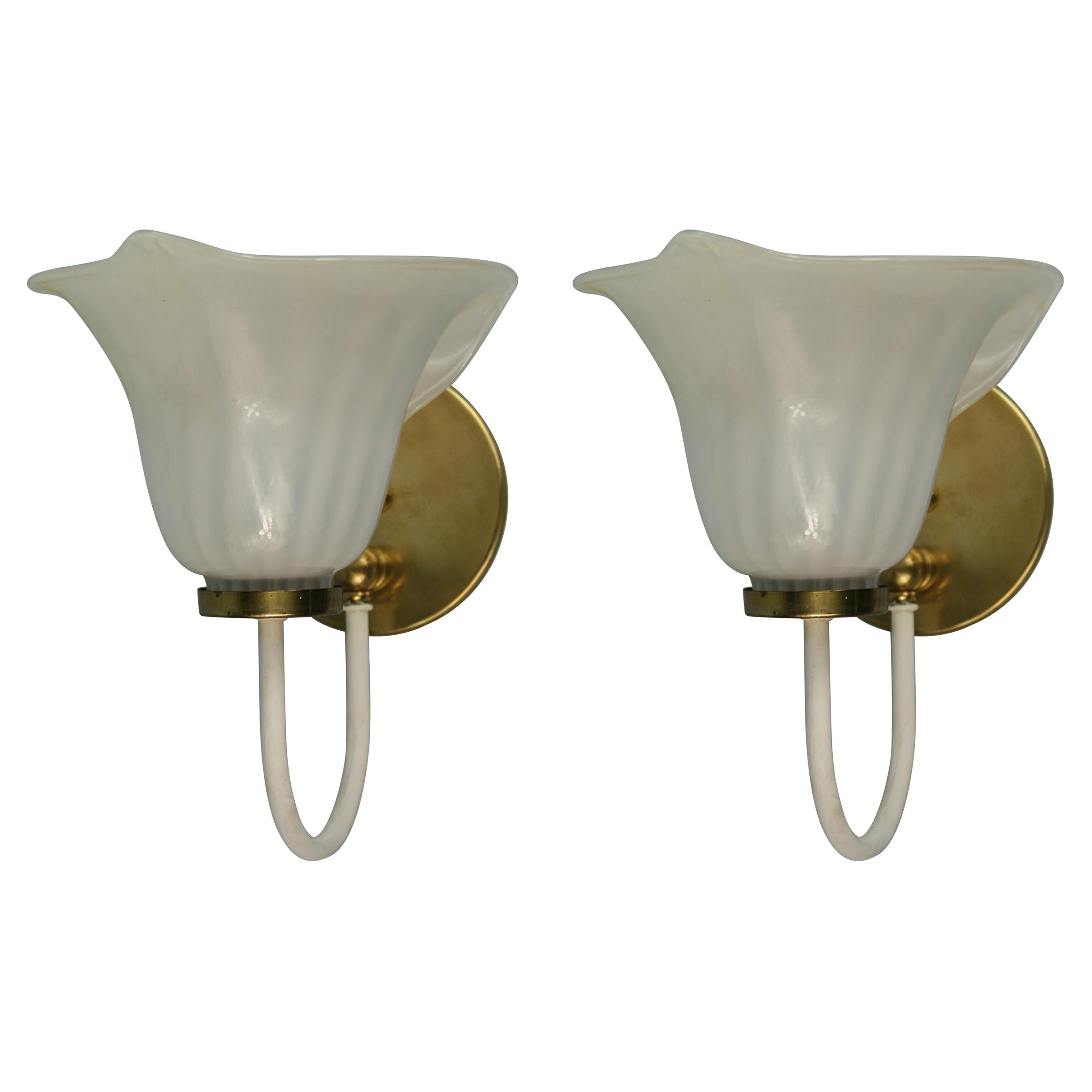 Pair of Murano Mid Century Tulip Glass Sconces For Sale