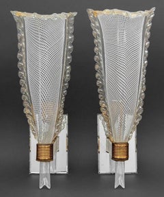 Pair of Murano Mid-Century White Latticino Sconces, Seguso Attribution