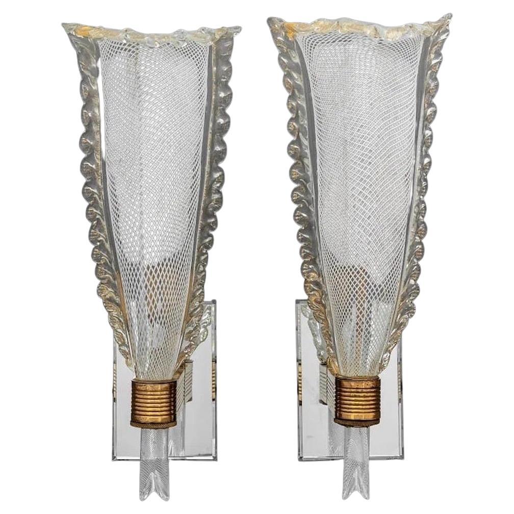 Pair of Murano Mid-Century White Latticino Sconces, Seguso Attribution For Sale