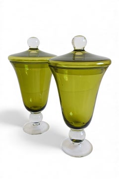 Murano Glass Lidded Urns in Moss Green, Venini Style, Italy, 1950s