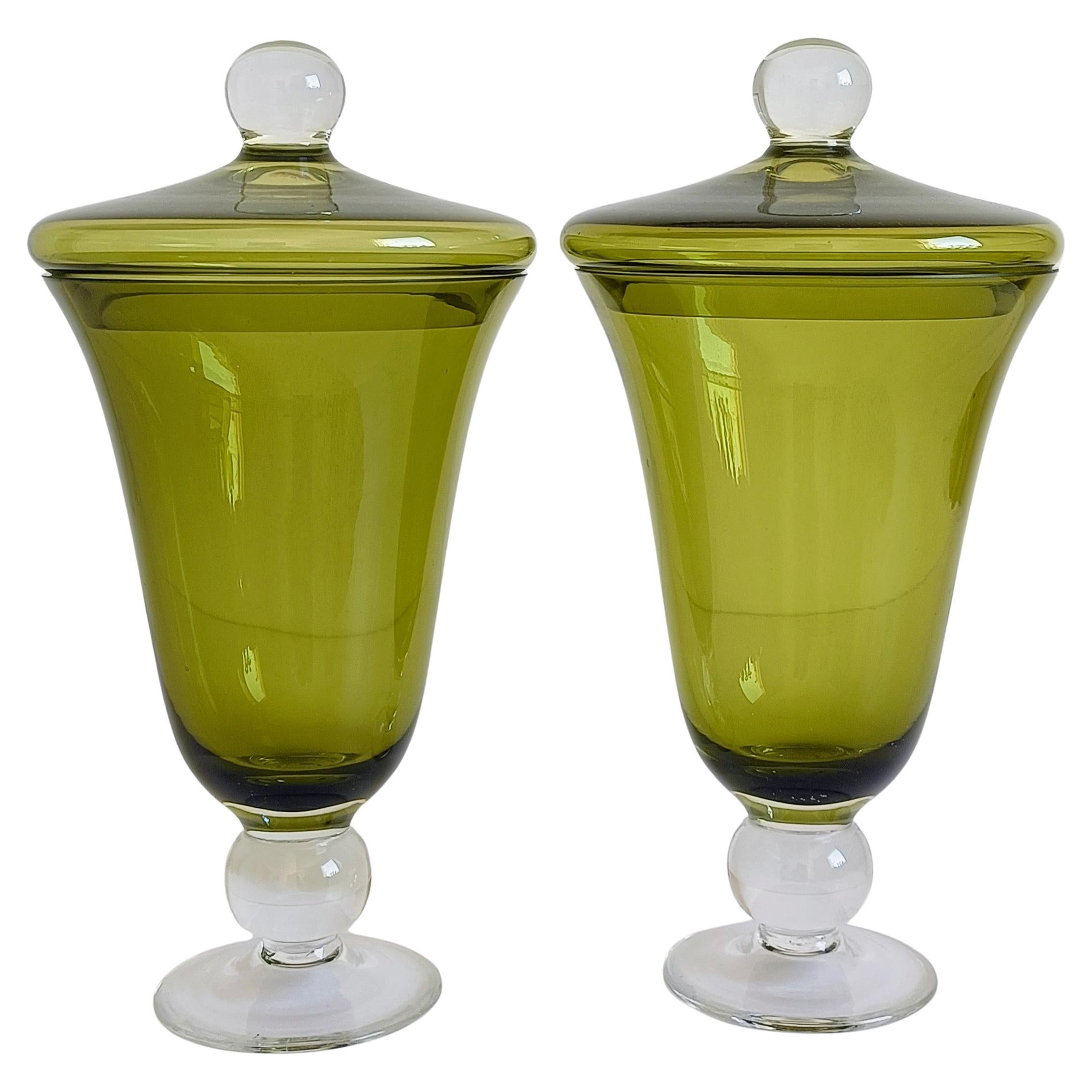 Pair Of Murano Moss-Green Glass Venini Style Mid-Century Urns, Italy, 1950s