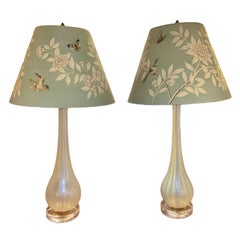 Pair of Murano Opal Glass Lamps with Gracie Shades