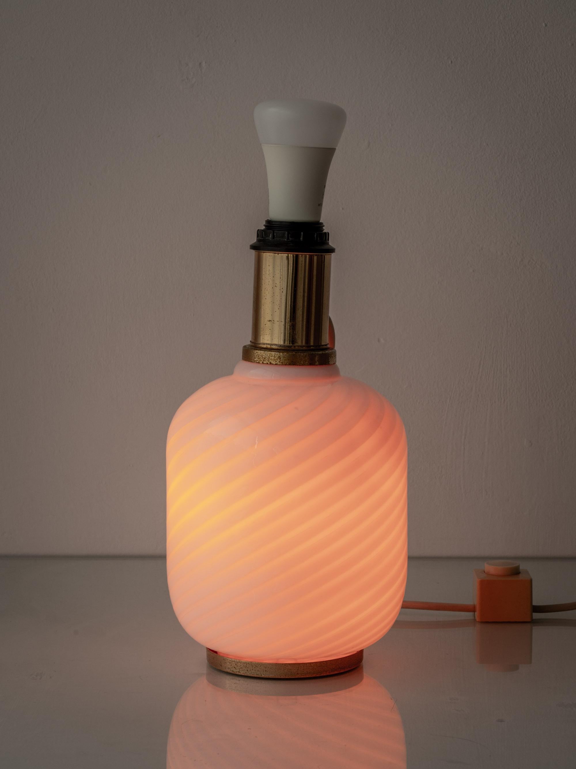 Murano Glass Pair of Murano Opaline Spiraled Glass Table Lamps, Dual-Circuit, 1970s For Sale