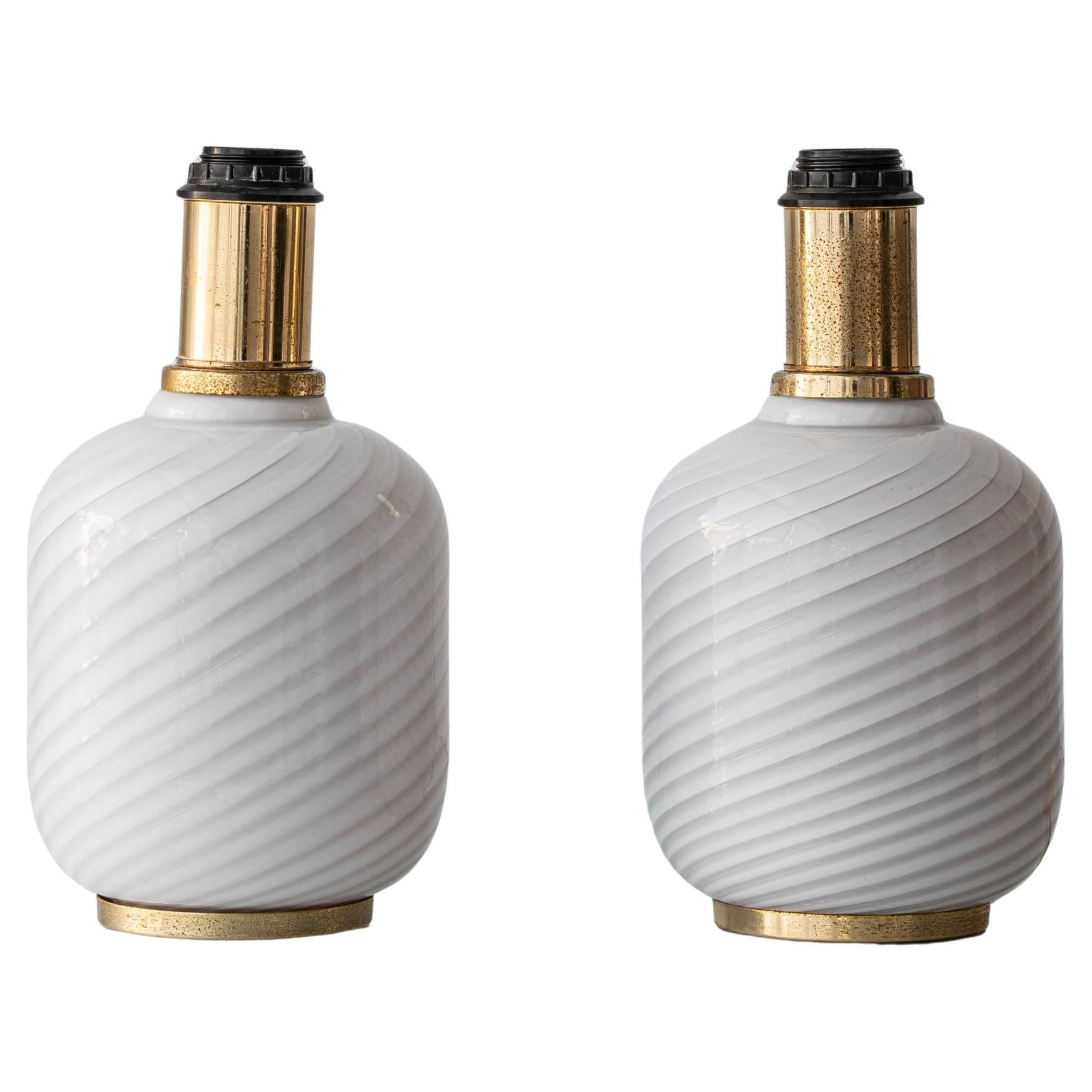 Pair of Murano Opaline Spiraled Glass Table Lamps, Dual-Circuit, 1970s For Sale