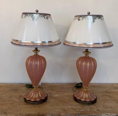 Pair of Murano Pink and Gold Glass Table Lamps w/ Coordinating Parchment Shades