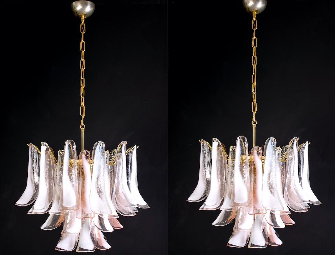 Mid-Century Modern Pair of Murano Pink and White Petals Chandeliers by Mazzega, 1980s