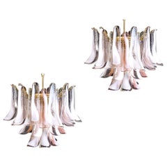 Pair of Murano Pink and White Petals Chandeliers by Mazzega, 1980s