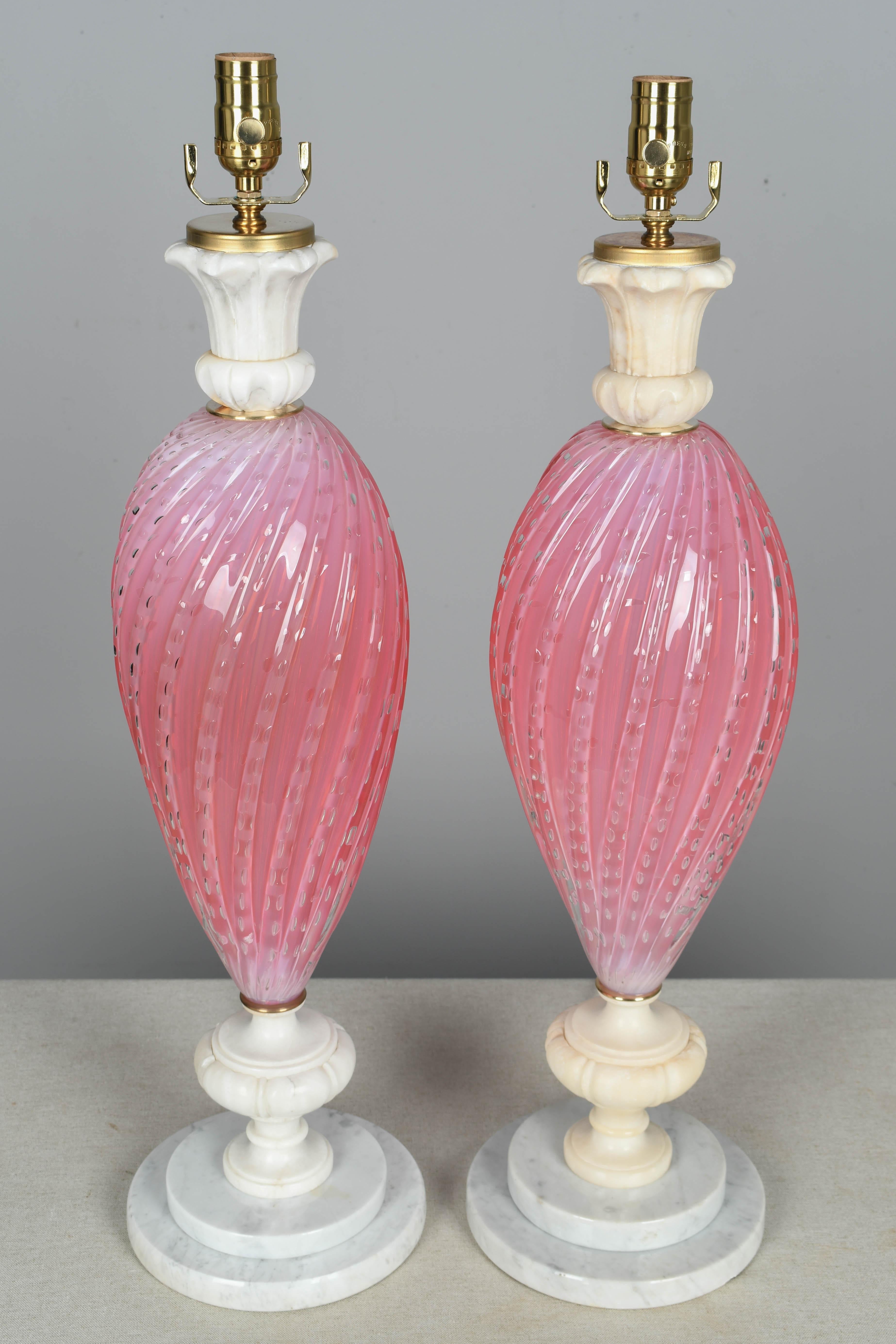 Blown Glass Pair of Murano Pink Barbini Glass Lamps For Sale