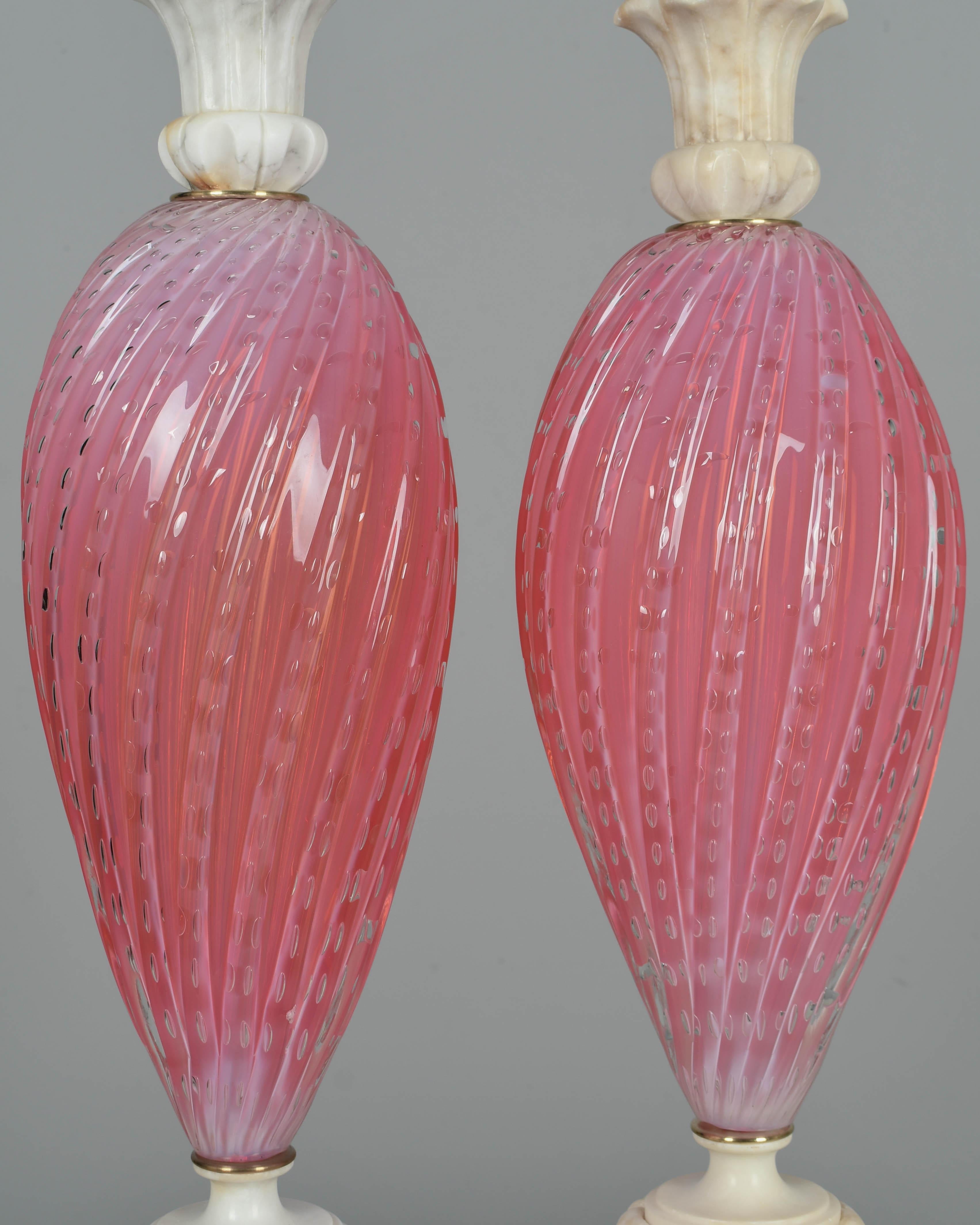 Pair of Murano Pink Barbini Glass Lamps For Sale 1