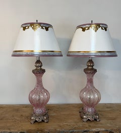 Pair of Murano Pink Bullicante Glass Table Lamps - Barovier & Toso Style