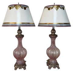 Pair of Murano Pink Bullicante Glass Table Lamps - Barovier & Toso Style