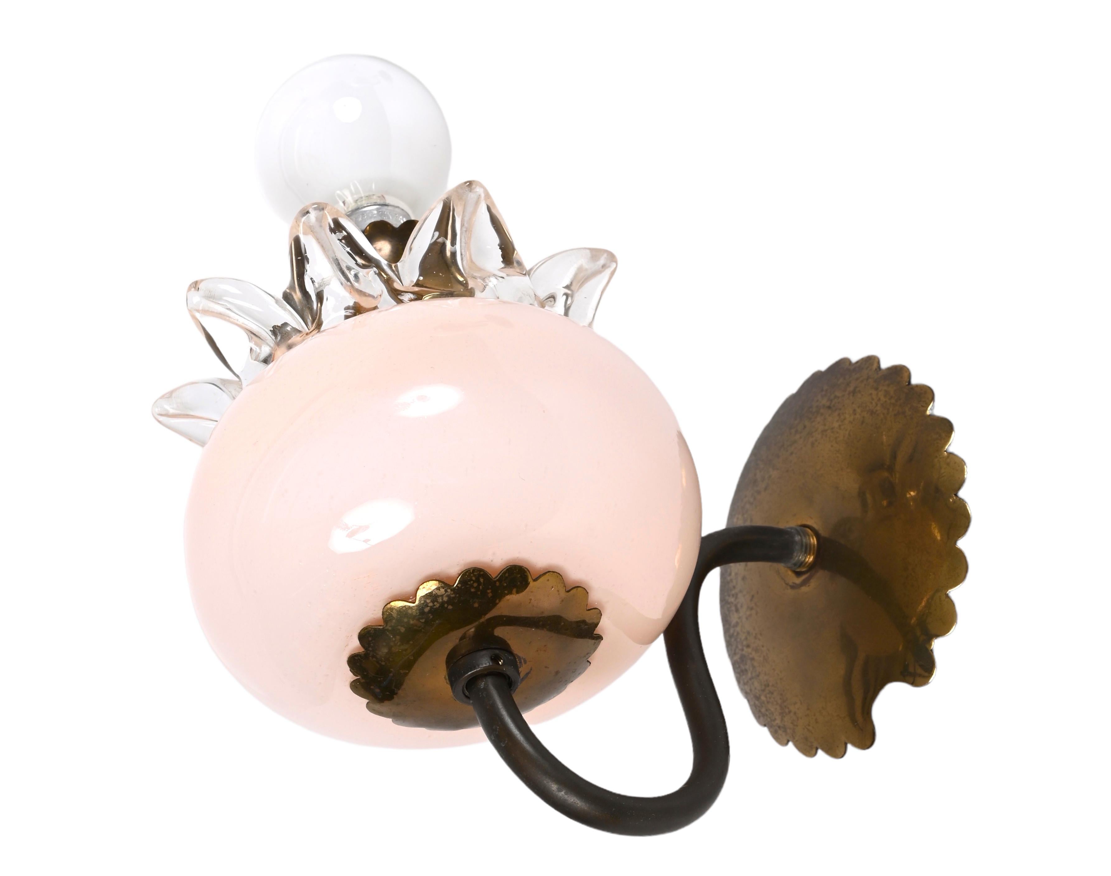 Pair of Murano Pink Glass and Brass Sconces Attributed to Archimede Seguso 1940s 5