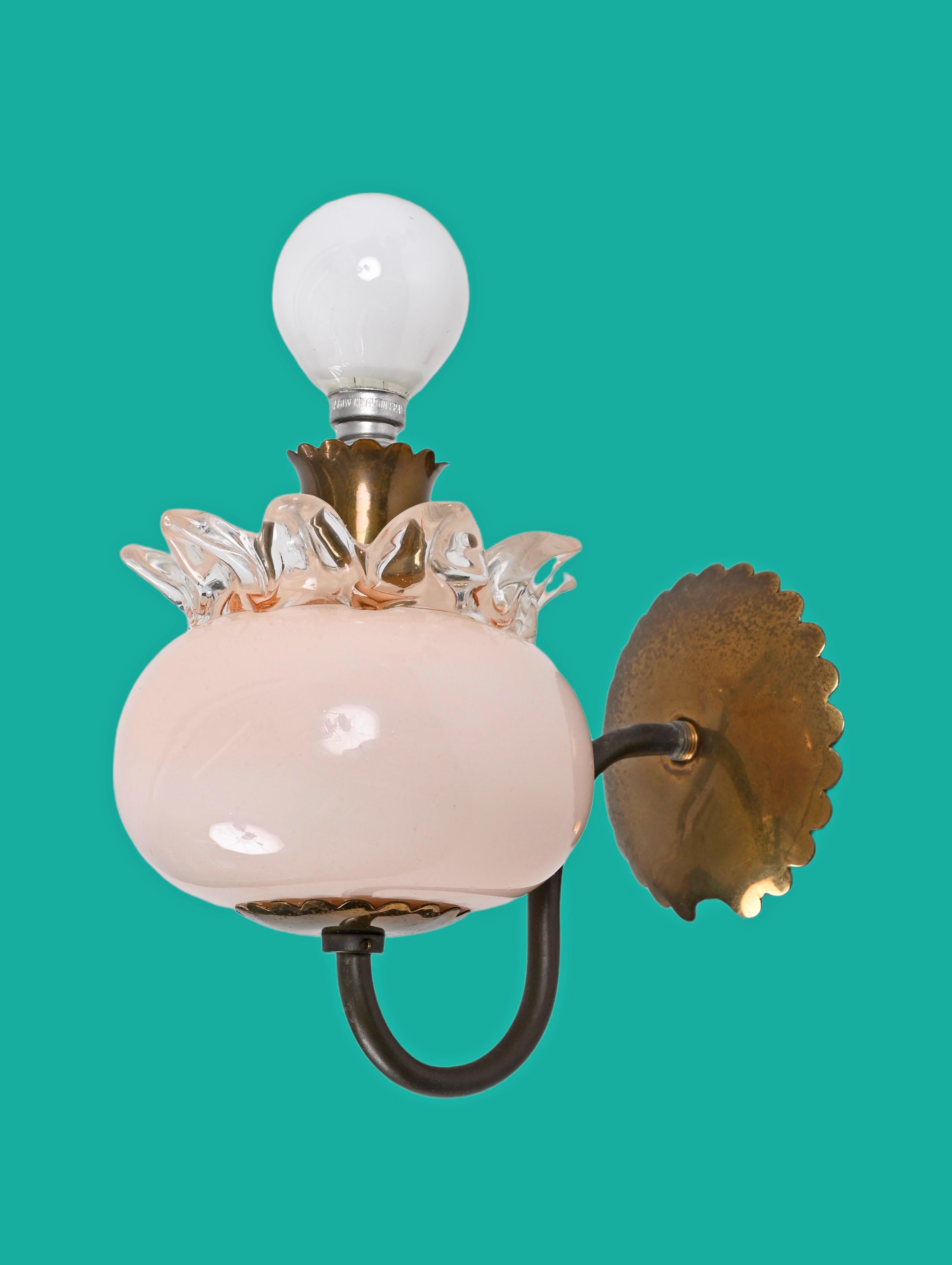 Pair of Murano Pink Glass and Brass Sconces Attributed to Archimede Seguso 1940s 8