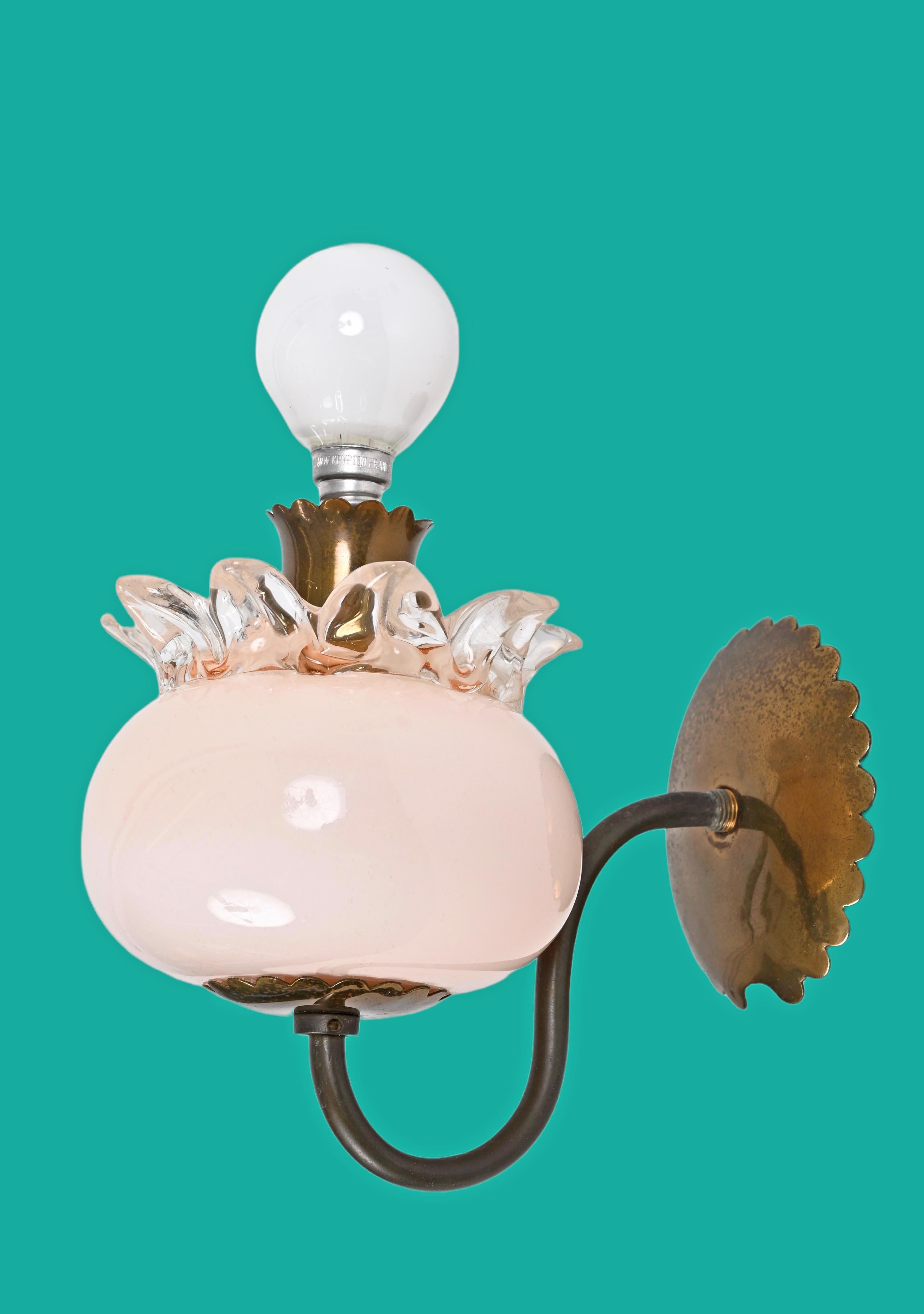 Pair of Murano Pink Glass and Brass Sconces Attributed to Archimede Seguso 1940s 12