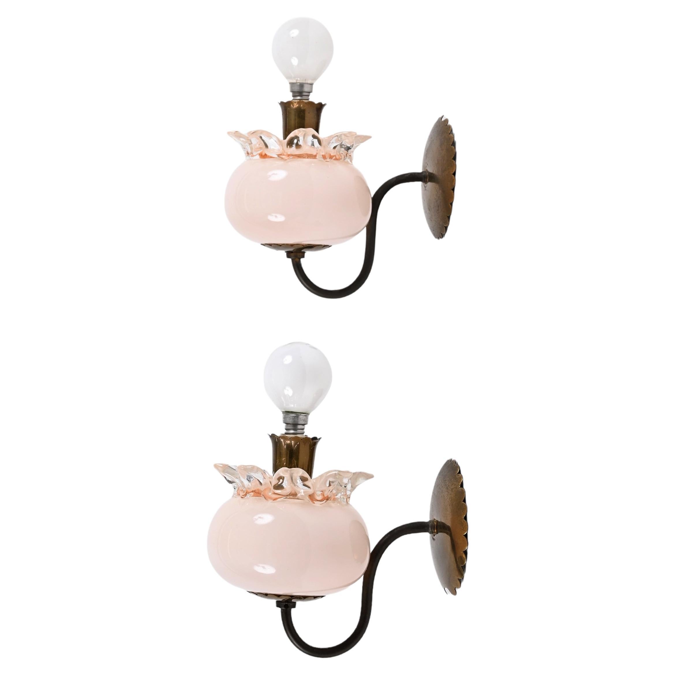 Pair of Murano Pink Glass and Brass Sconces Attributed to Archimede Seguso 1940s For Sale
