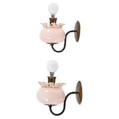 Pair of Murano Pink Glass and Brass Sconces Attributed to Archimede Seguso 1940s