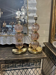 Pair of Murano Pink Glass Ball Lamps