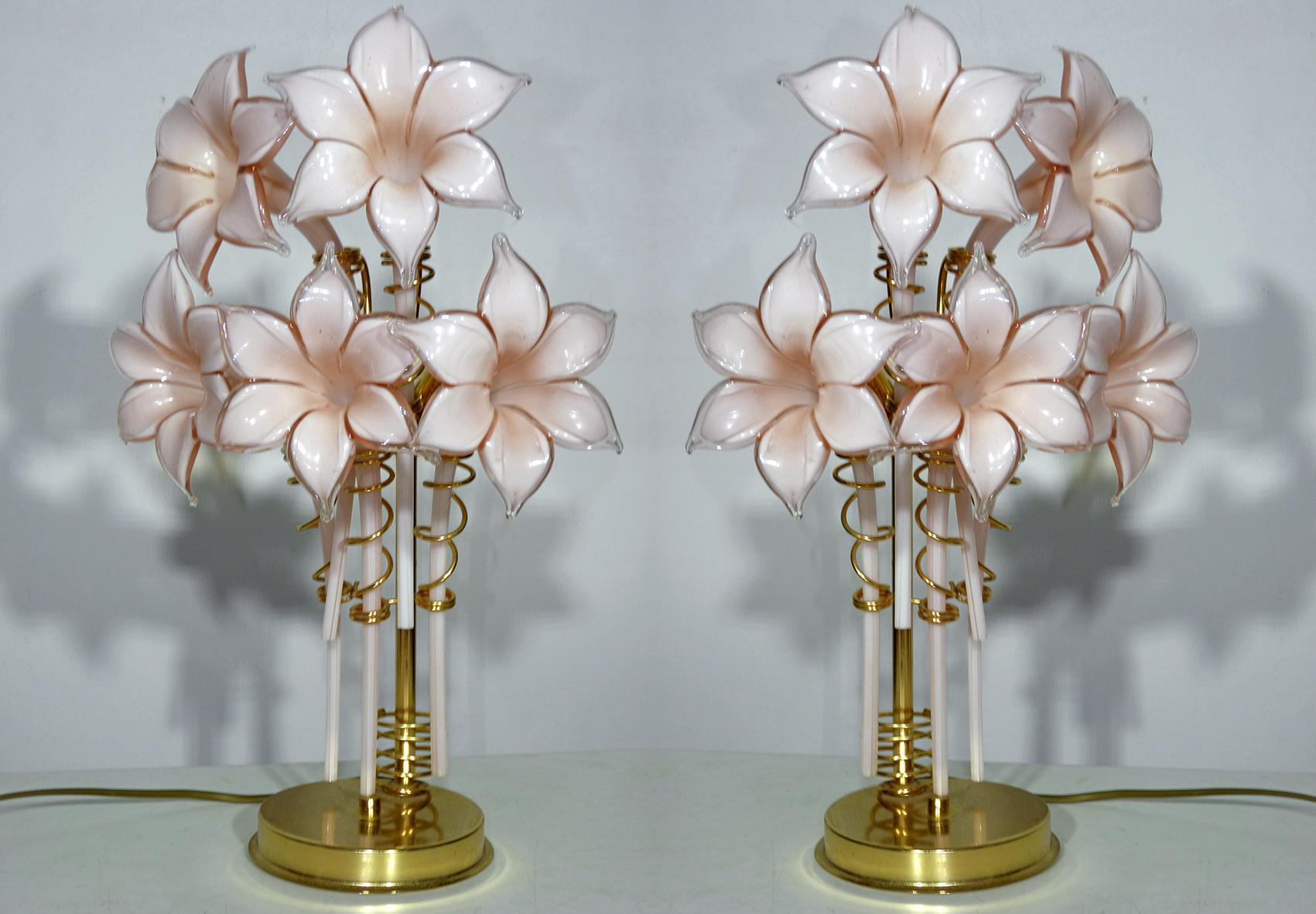 Mid-Century Modern Pair of Murano Pink Lilly Sculptural Table Lamps Franco Luce Artglass Gilt Brass