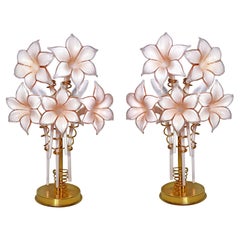 Paar rosa Lilly-Skulpturen-Tischlampen aus Muranoglas und vergoldetem Messing, Franco Luce Artglass