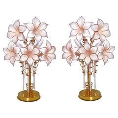 Pair of Murano Pink Lilly Sculptural Table Lamps Franco Luce Artglass Gilt Brass