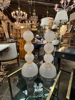 Pair of Murano Pink Opalescent Glass Ball Lamps